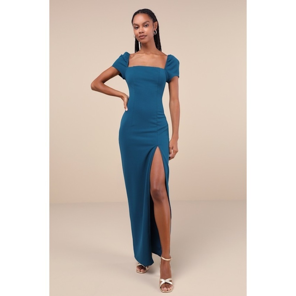 Lulus Magnificent Impression Teal Square Neck Short Sleeve Maxi Dress Blue